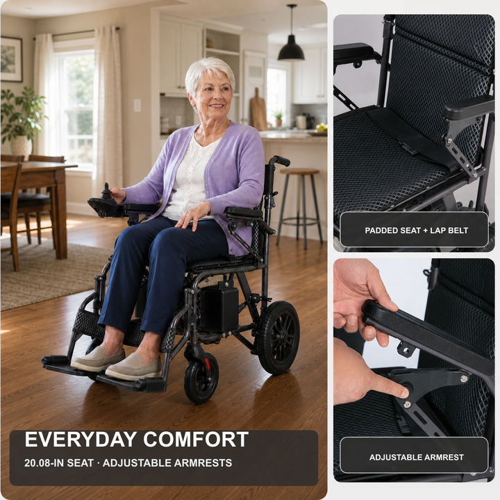 Older woman seated in an Anywell YS12-15 PLUS electric wheelchair at home with comfort details