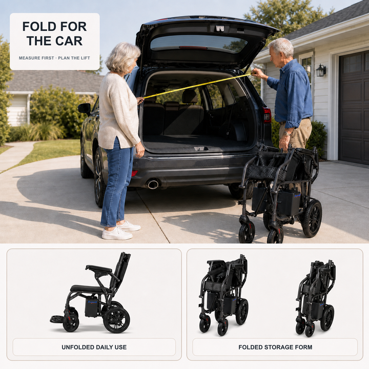 Older couple measuring an SUV cargo opening beside a folded Anywell YS12-15 PLUS electric wheelchair