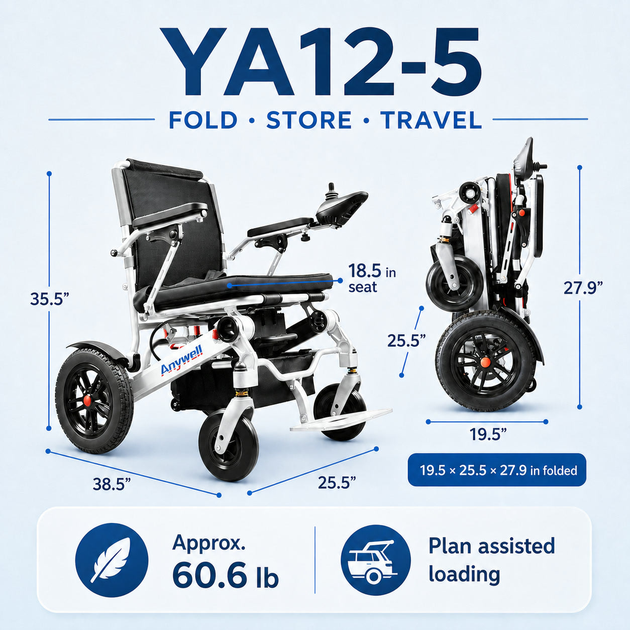 Anywell YA12-5 Long Range Electric Wheelchair - Lightweight Aluminum Alloy, Heavy Duty & Durable - Lowest Price (Limited Stock)