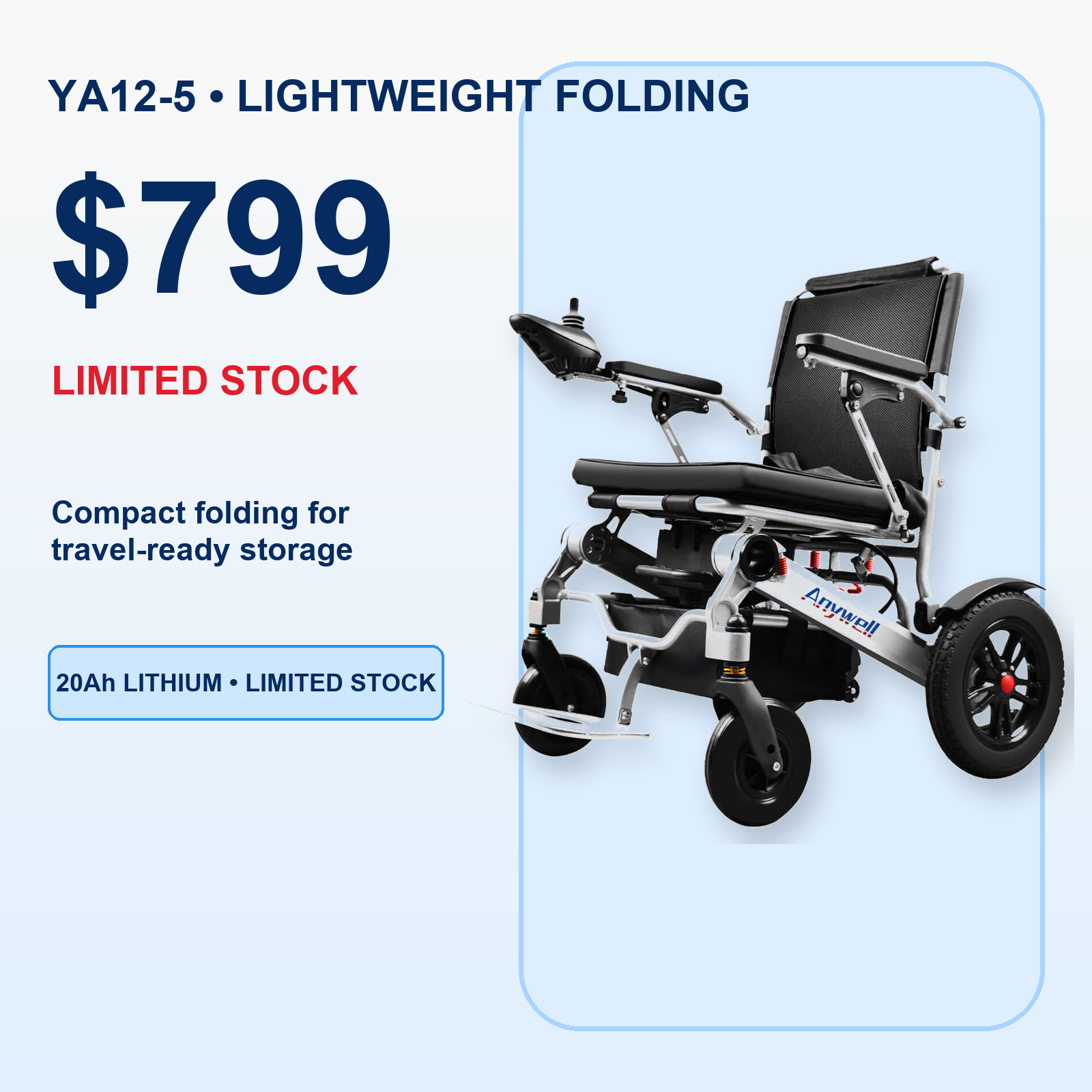 Anywell YA12-5 Long Range Electric Wheelchair - Lightweight Aluminum Alloy, Heavy Duty & Durable - Lowest Price (Limited Stock)