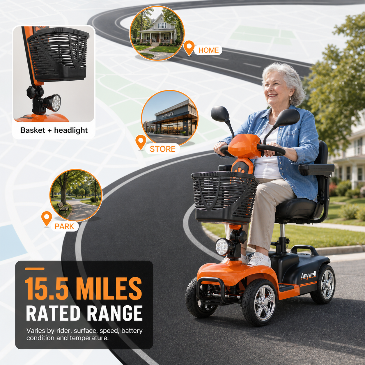Anywell X-024 350W Motor Wide Seat Electric Mobility Scooter