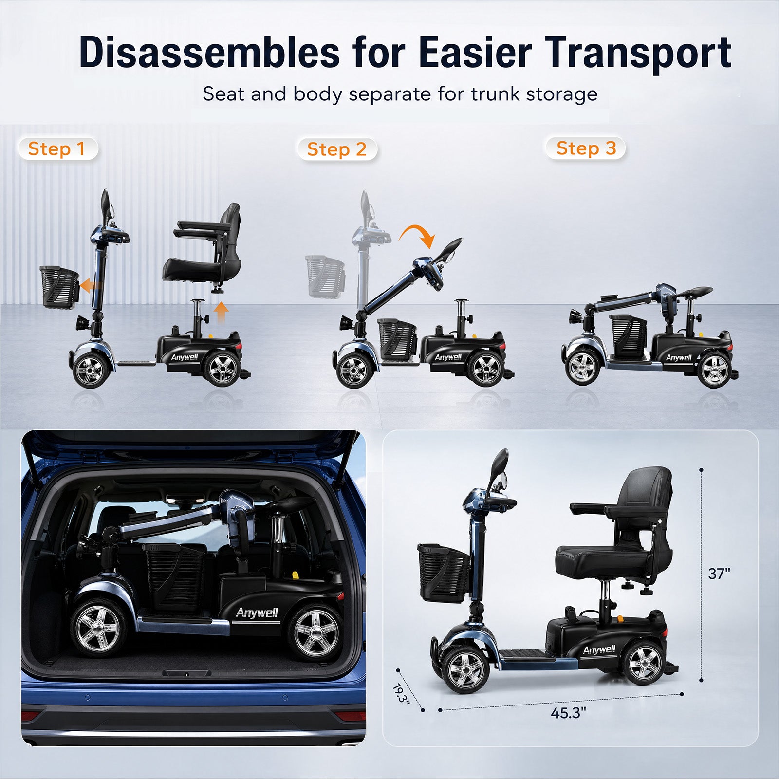Anywell X-024 350W Motor Wide Seat Electric Mobility Scooter