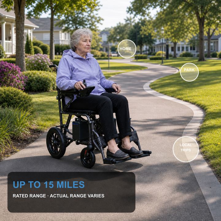 Older woman riding an Anywell YS12-15 PLUS electric wheelchair on a dry paved neighborhood path