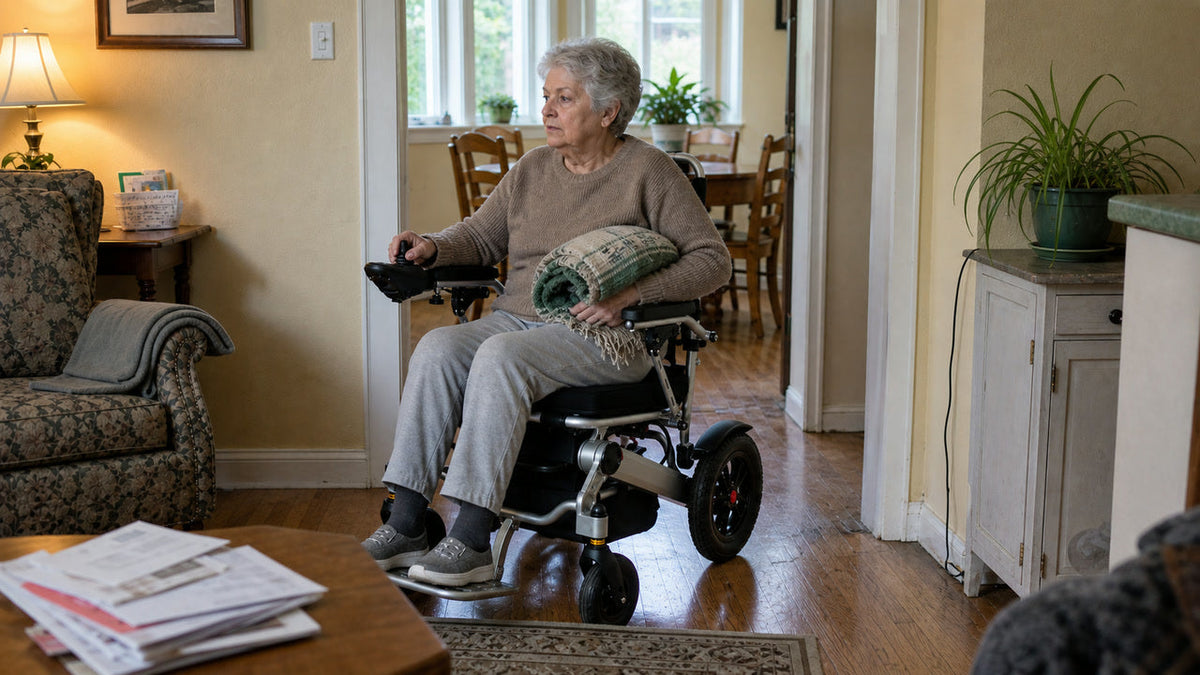 Fictional older adult maneuvering the Anywell YA12-5 through a lived-in home; real-source-informed AI lifestyle scene