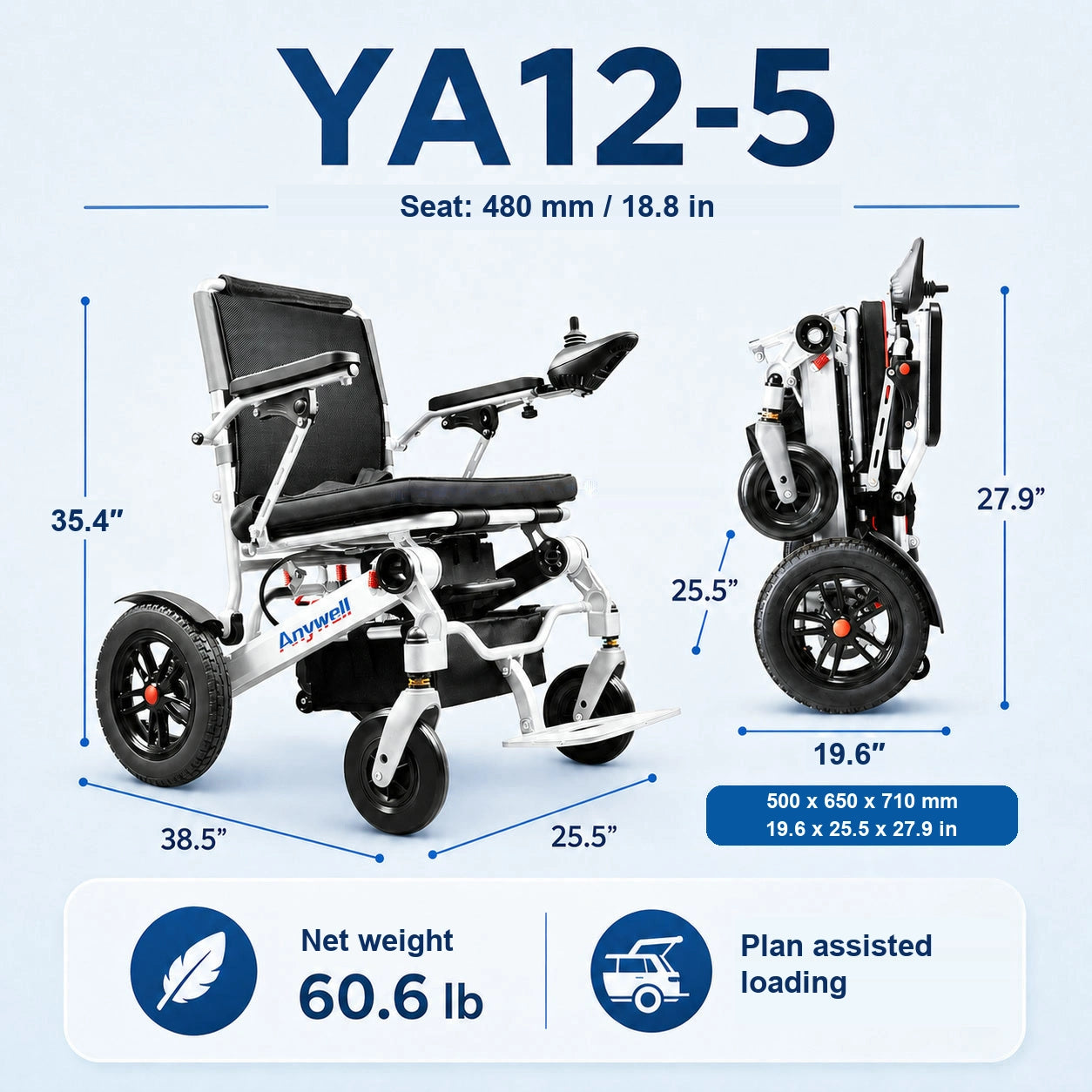 Anywell YA12-5 Long Range Electric Wheelchair - Lightweight Aluminum Alloy, Heavy Duty & Durable - Lowest Price (Limited Stock) - 480 mm / 18.8 in
