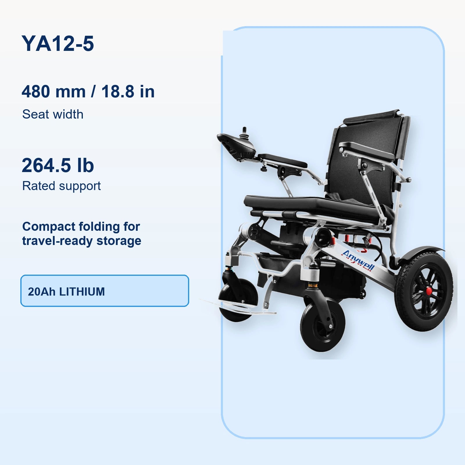 Anywell YA12-5 Long Range Electric Wheelchair - Lightweight Aluminum Alloy, Heavy Duty & Durable - Lowest Price (Limited Stock) - 480 mm / 18.8 in