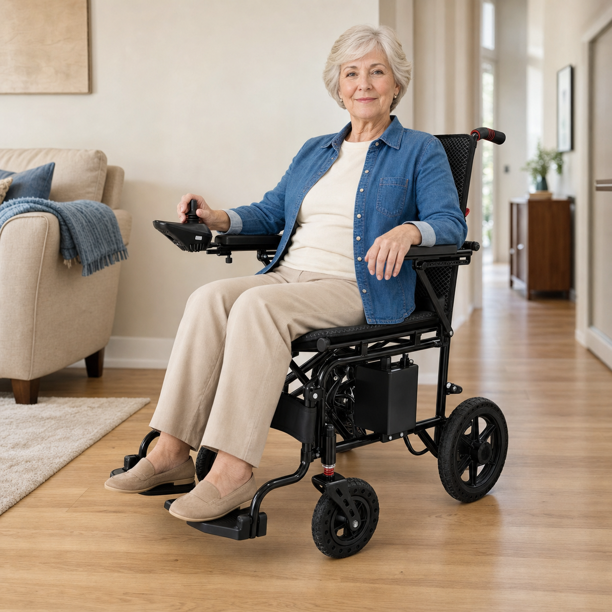 Older woman seated comfortably in an Anywell YS12-15 PLUS electric wheelchair at home