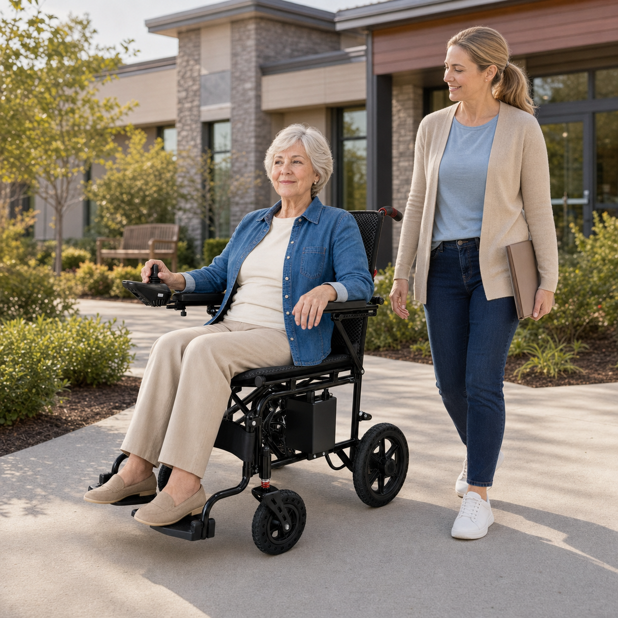 Older woman using an Anywell YS12-15 PLUS electric wheelchair outdoors with a companion