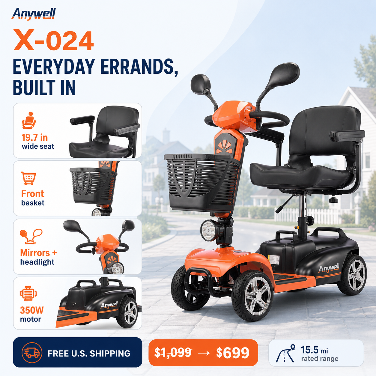 Anywell X-024 350W Motor Wide Seat Electric Mobility Scooter