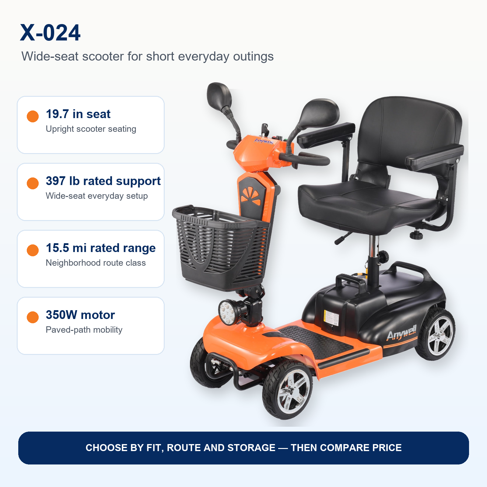 Anywell X-024 350W Motor Wide Seat Electric Mobility Scooter