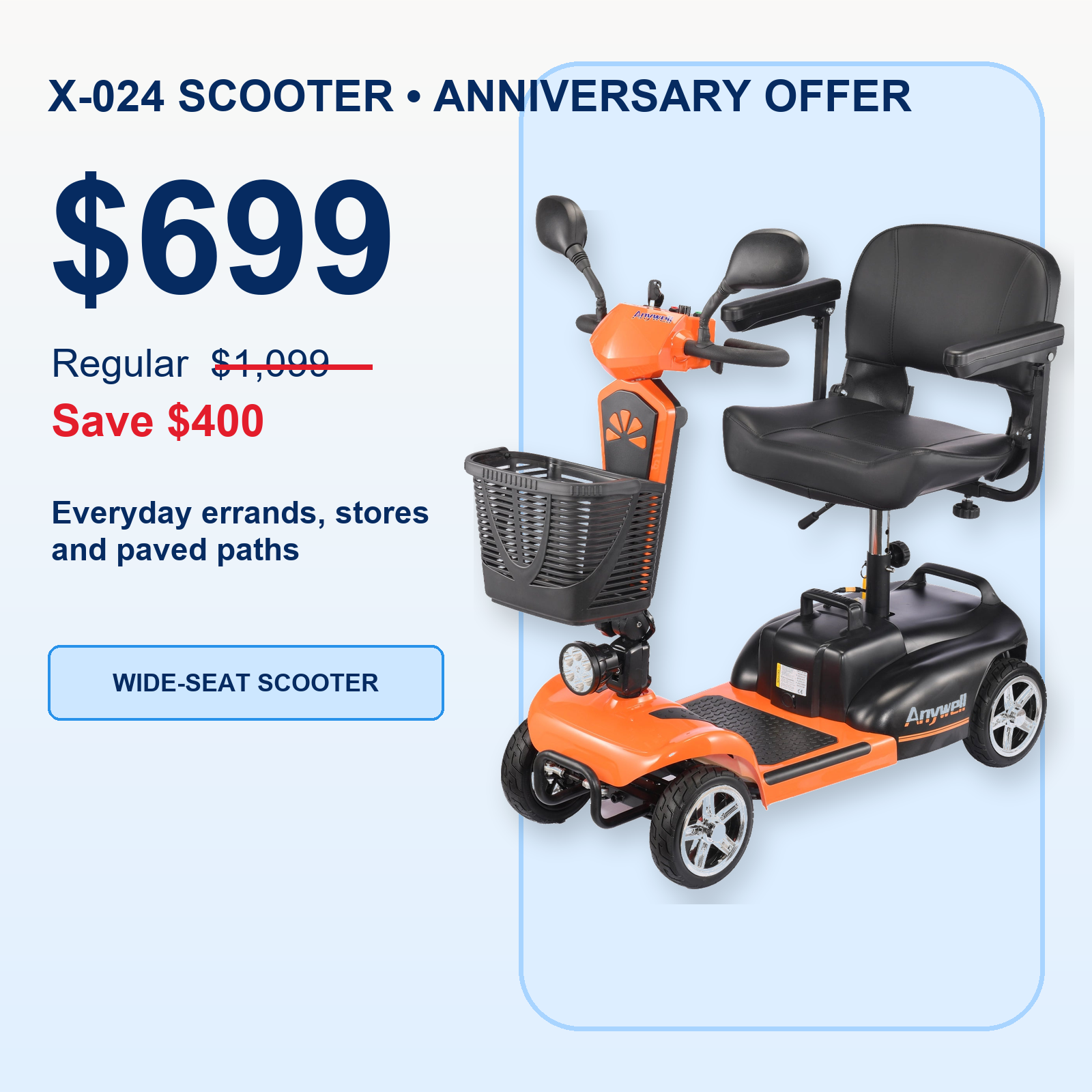 Anywell X-024 350W Motor Wide Seat Electric Mobility Scooter