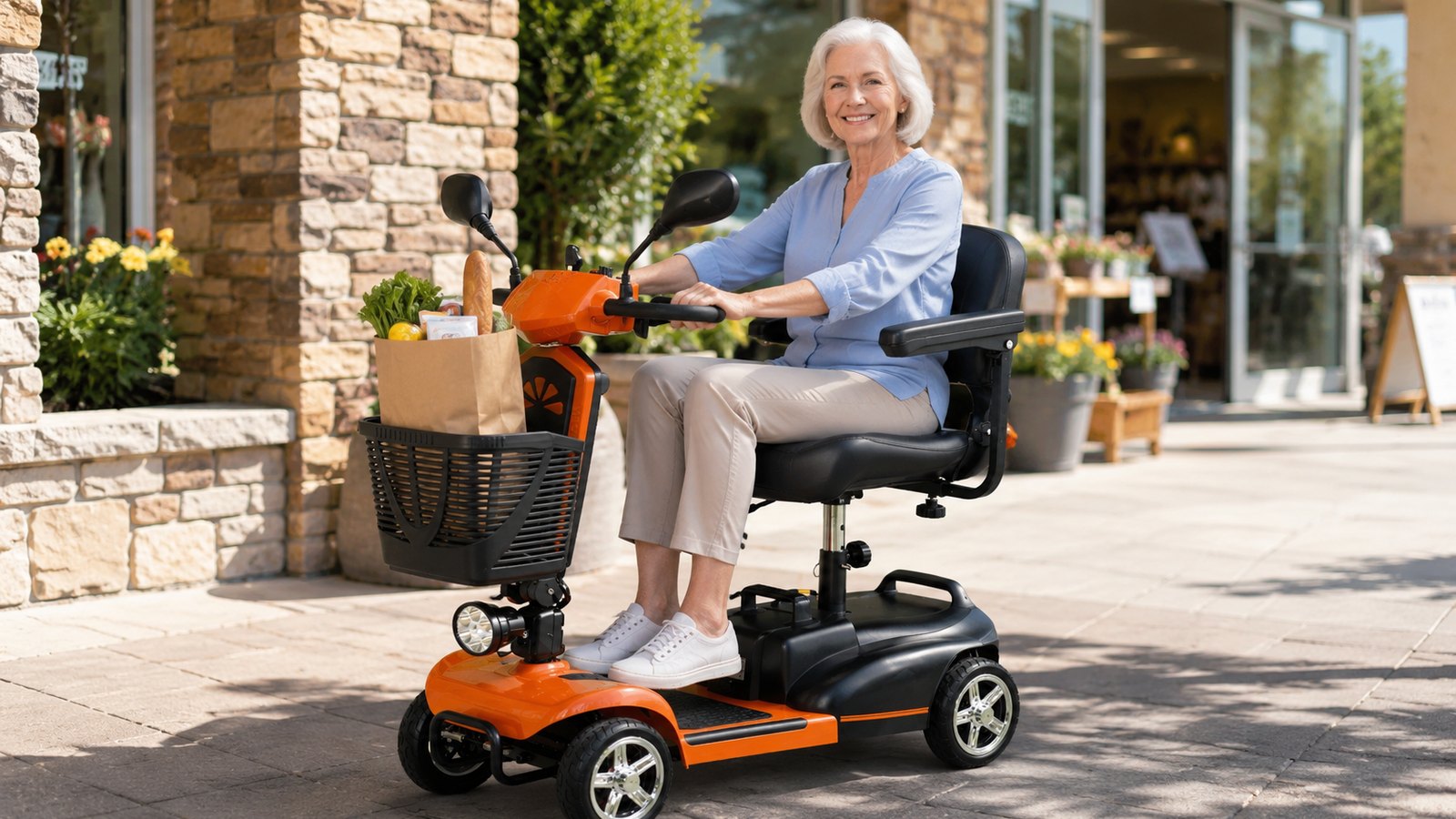 A wide-seat scooter setup for shopping trips and paved outdoor routines.