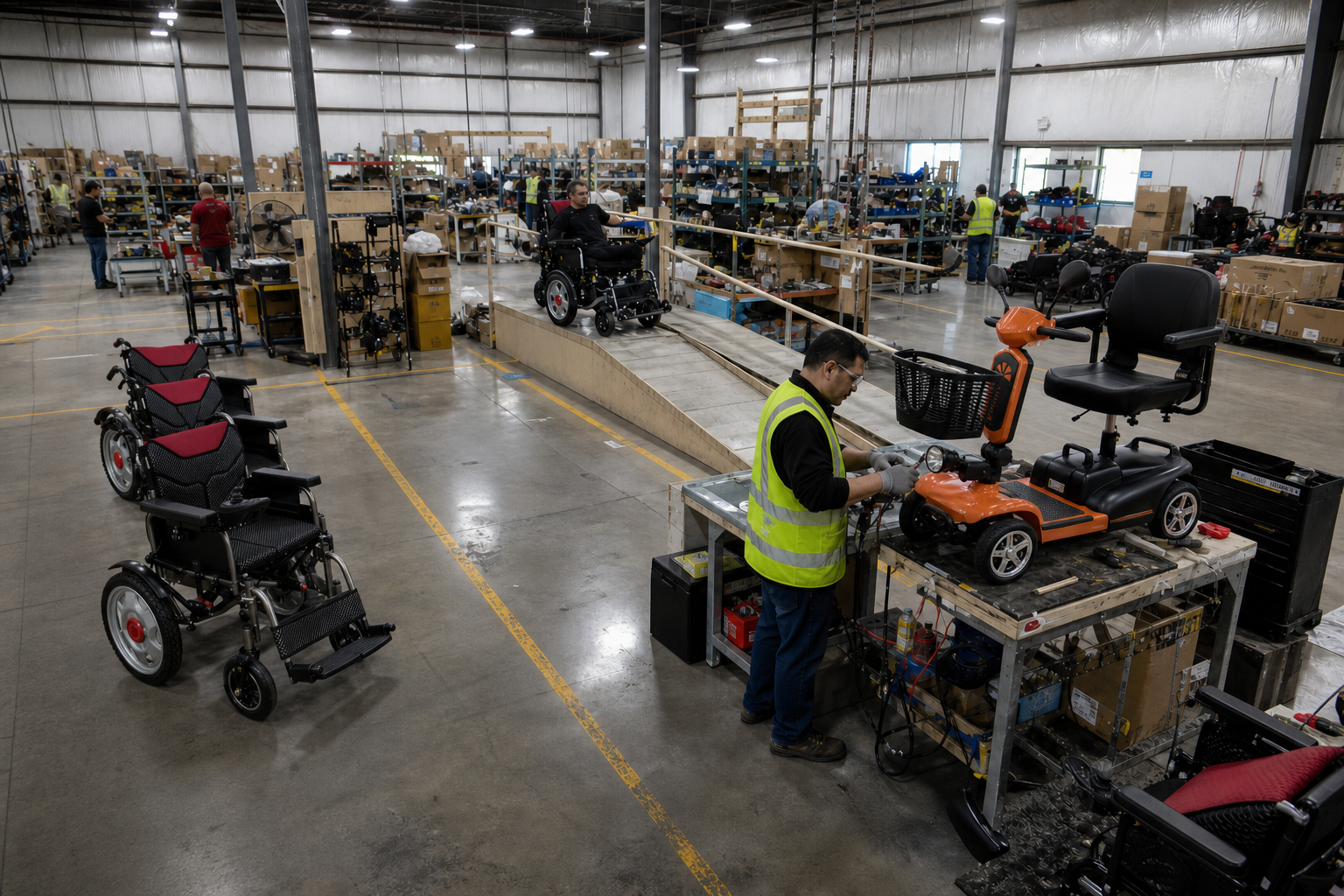Mobility product assembly and quality-control process visual with an X-024 scooter and YS16-1 wheelchair
