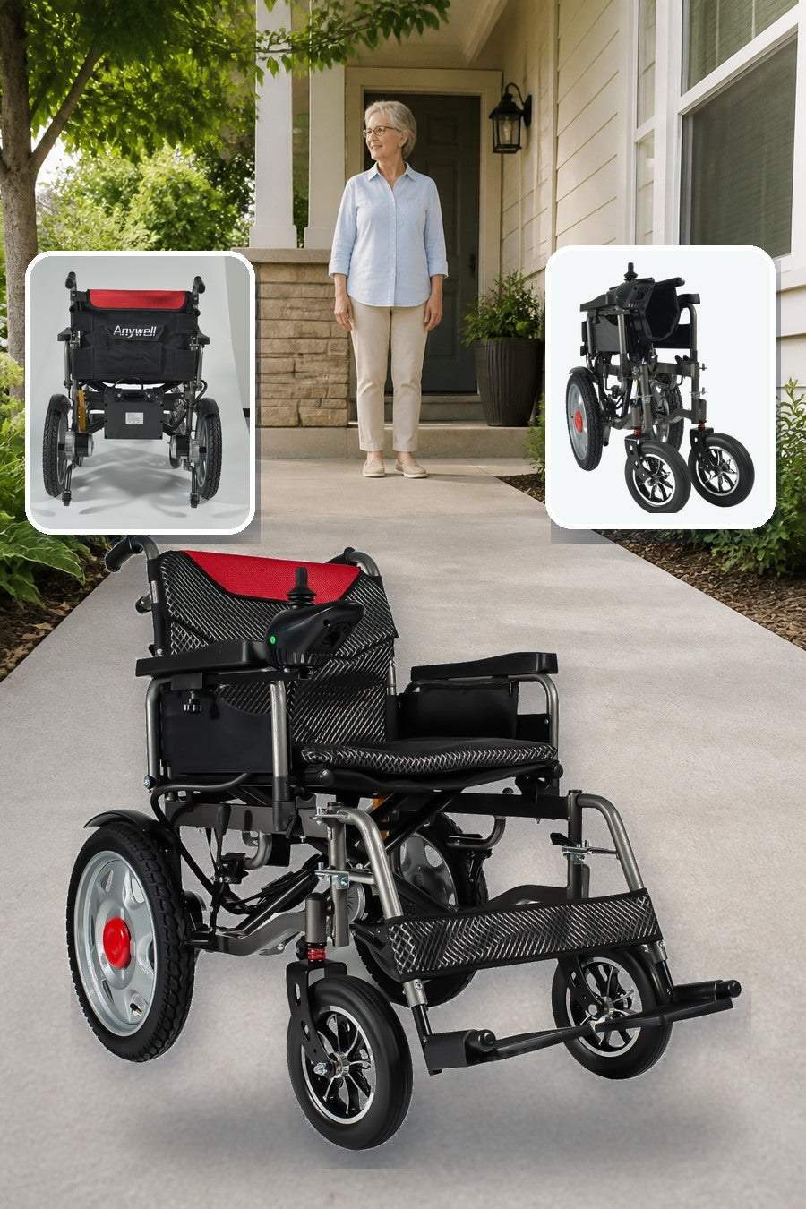 Anywell YS16-1 MAX with a confirmed whole-chair view, a 20Ah rear-installed battery inset, and a front-chassis inset showing the paired casters and red springs.