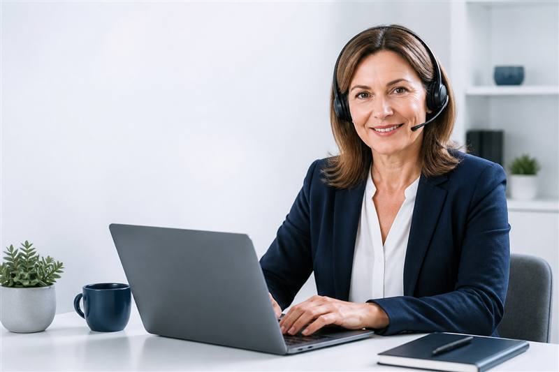 Illustrative customer-support adviser at a laptop; not a customer testimonial or a booked consultation