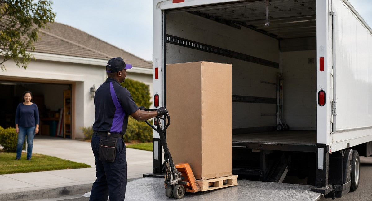 Illustrative delivery scene with a boxed mobility product and a carrier