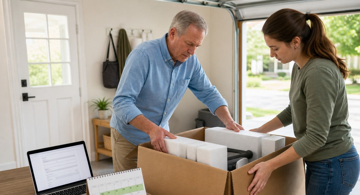 Illustrative repacking scene; retain the box and protective inserts before requesting a return