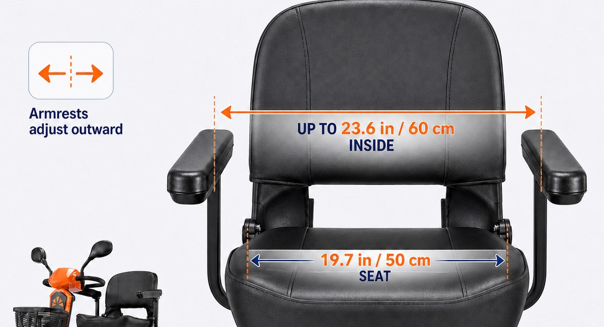 X-024 cushion width and adjustable inner armrest clearance, shown as different measurements