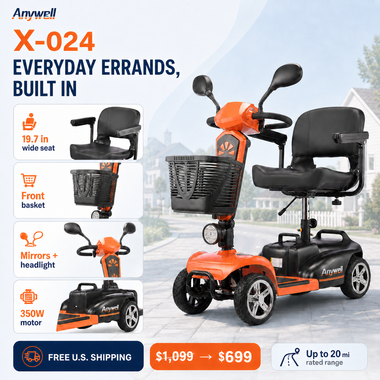 Anywell X-024 Electric Mobility Scooter | 19.7 in Wide Seat | 350W Motor | Up to 20-Mile Range | Approx. 5 MPH | Up to 400 lb Capacity | 24V 20Ah Battery | Approx. 106 lb Net Weight