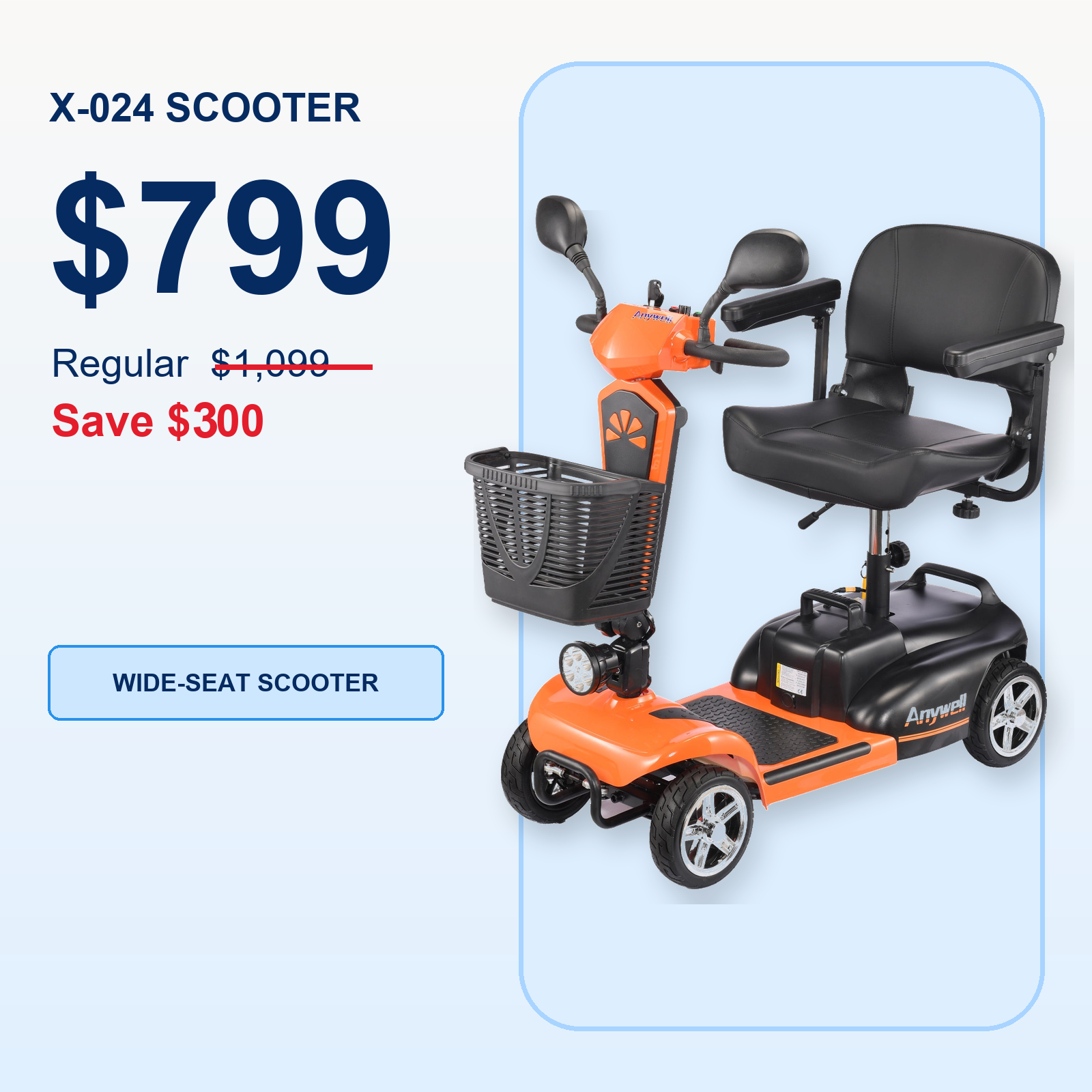Anywell X-024 Electric Mobility Scooter | 19.7 in Wide Seat | 350W Motor | Up to 20-Mile Range | Approx. 5 MPH | Up to 400 lb Capacity | 24V 20Ah Battery | Approx. 106 lb Net Weight