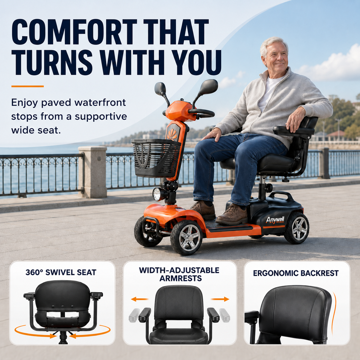 Anywell X-024 Electric Mobility Scooter | 19.7 in Wide Seat | 350W Motor | Up to 20-Mile Range | Approx. 5 MPH | Up to 400 lb Capacity | 24V 20Ah Battery | Approx. 106 lb Net Weight