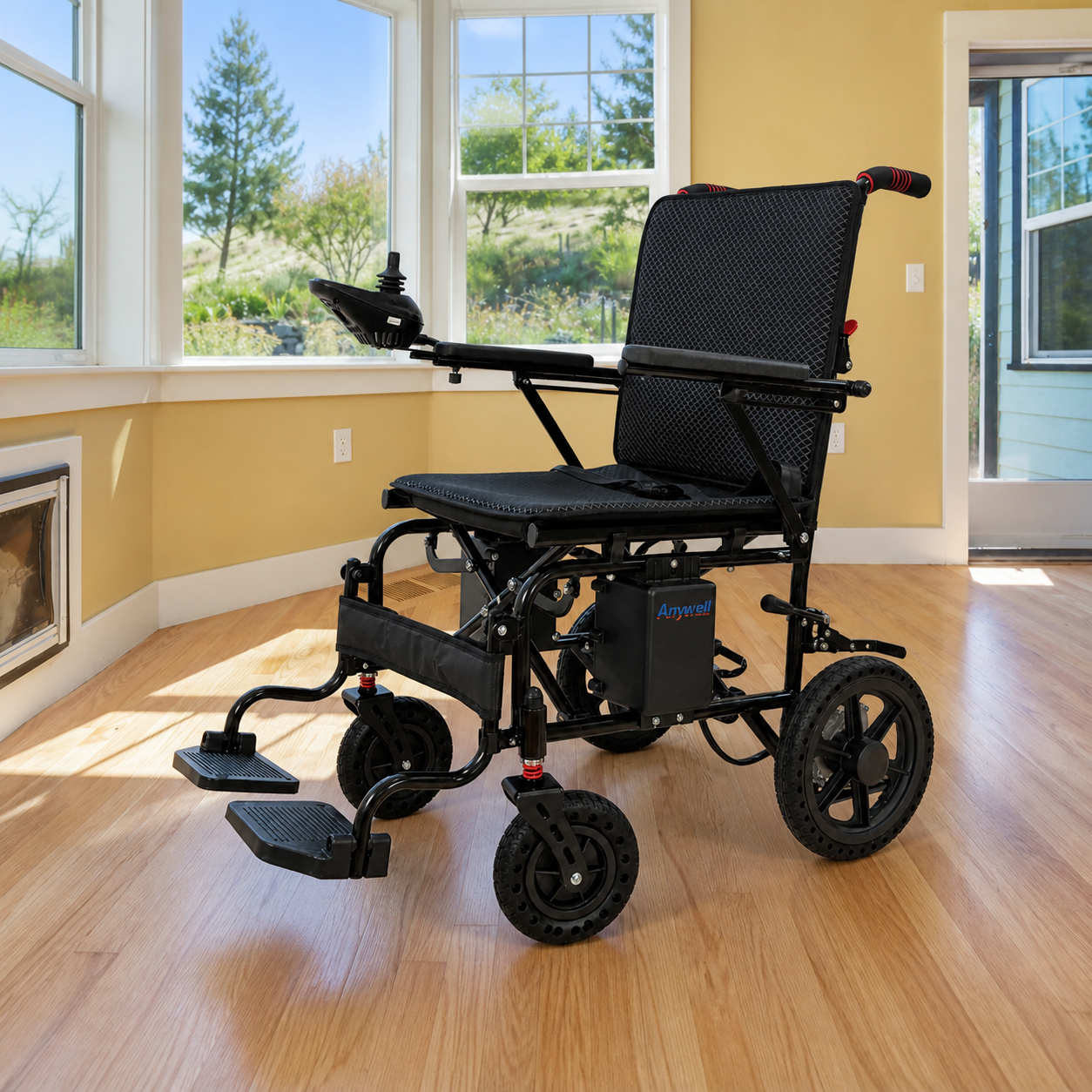 Anywell YS12-15 PLUS power wheelchair in an ordinary sunlit U.S. home.