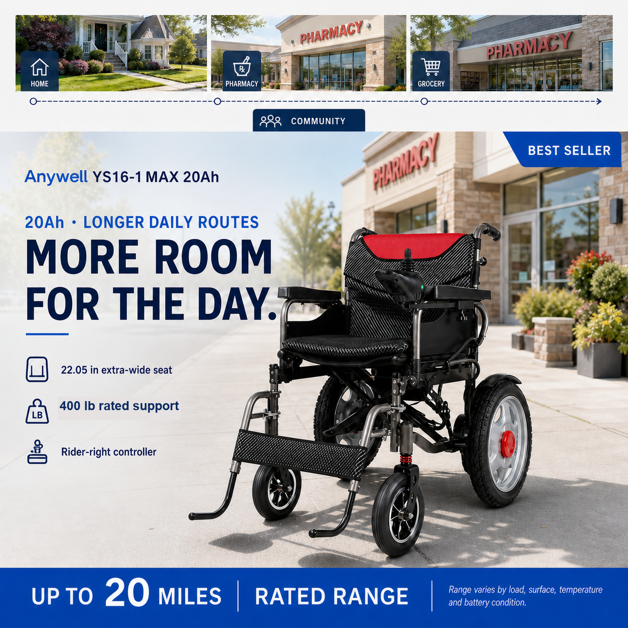 Anywell YS16-1 MAX Wide-Seat Power Wheelchair 20Ah