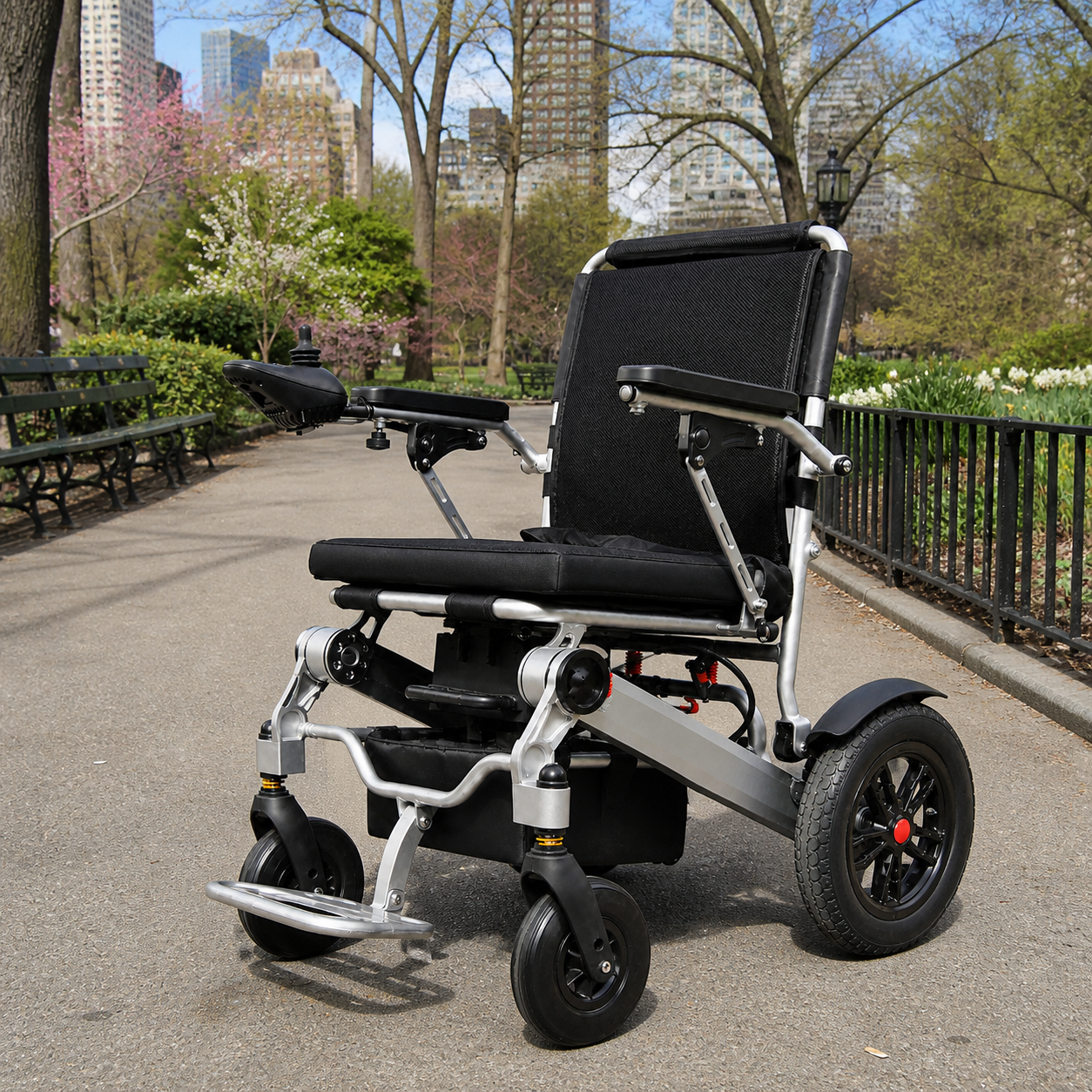 Anywell YA12-5 power wheelchair on a dry paved U.S. city park path.